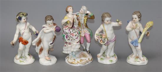 Four Meissen figures and another